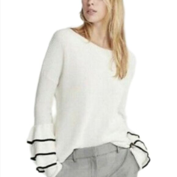 Express Ruffle Sleeve Knit Sweater Women's Small Boatneck Tiered Cuffs Chic NWT - Picture 3 of 8